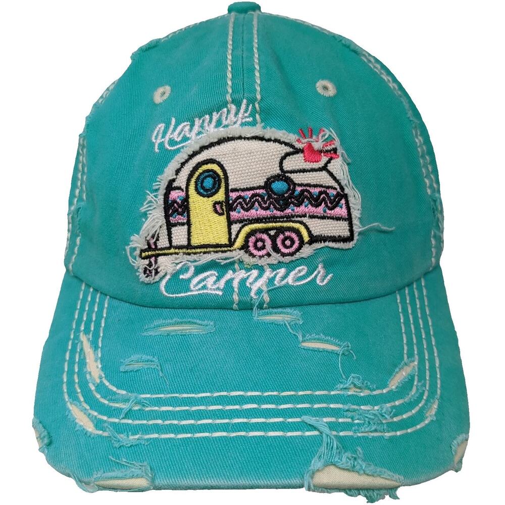 4350 District Baseball Cap Blue One Size Distressed Happy Camper Hat Camping